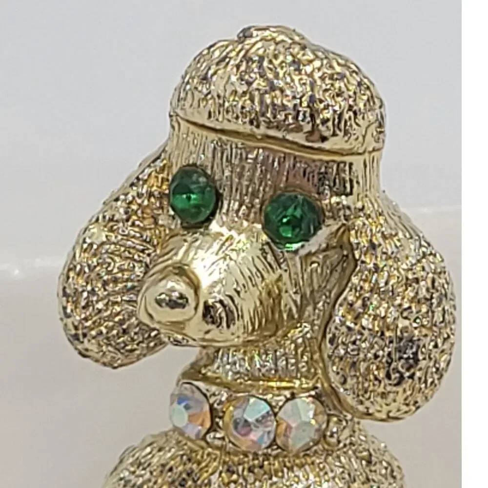 Vintage Poodle Brooch Pin Gold Tone Green Rhinestones Mid Century Whimsical